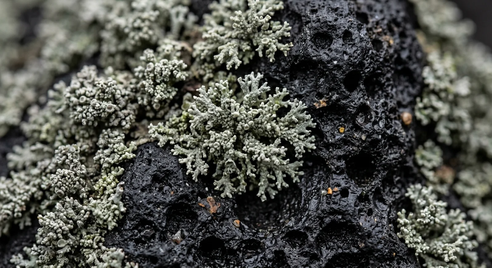 Gros plan sur un lichen pionnier colonisant la roche volcanique noire