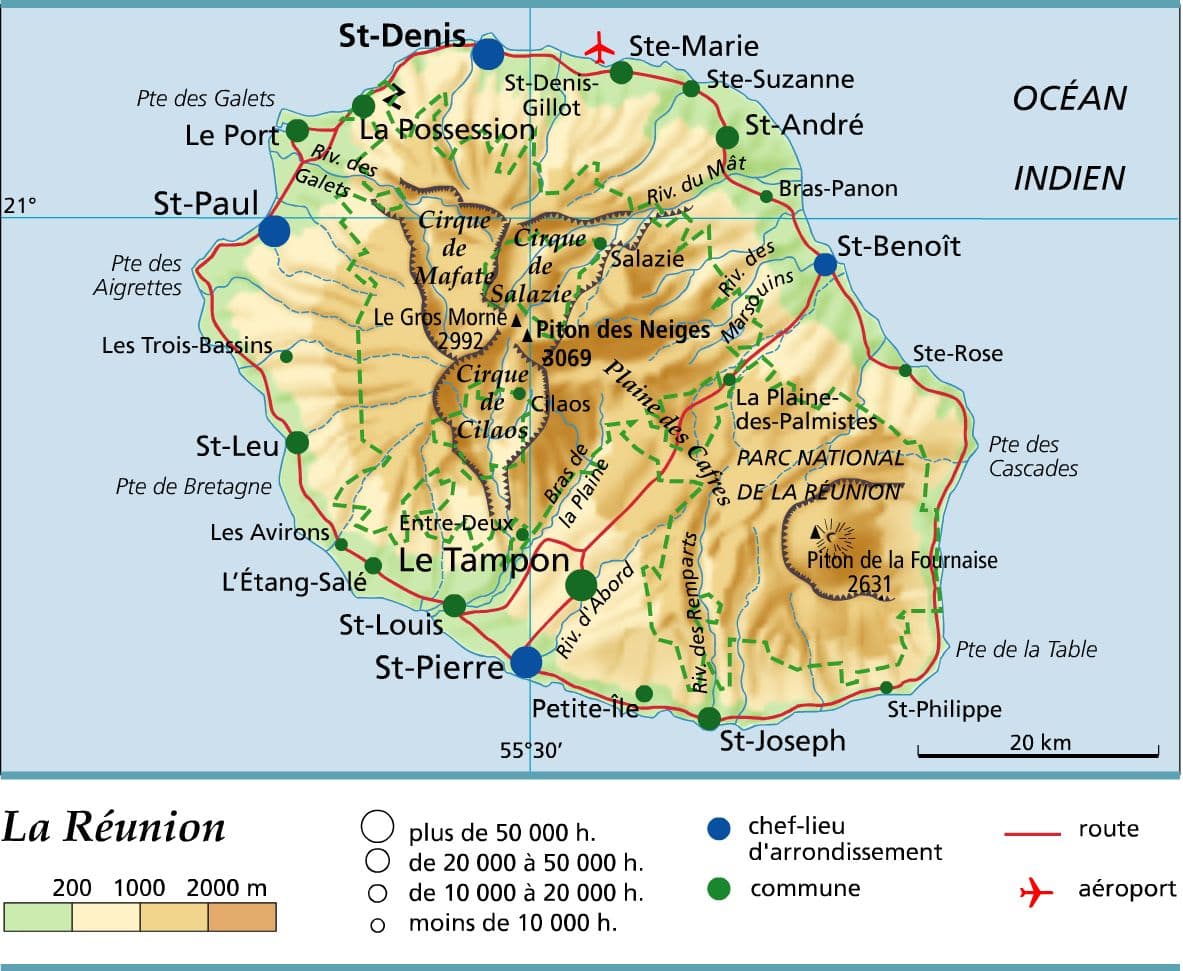 Carte géographique de La Réunion, ses deux volcans et ses trois cirques
